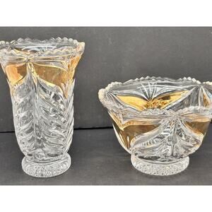 Vintage Set of 2 - Anna Hutte Bleikristall Crystal Vase & Dish Gold Wing Design